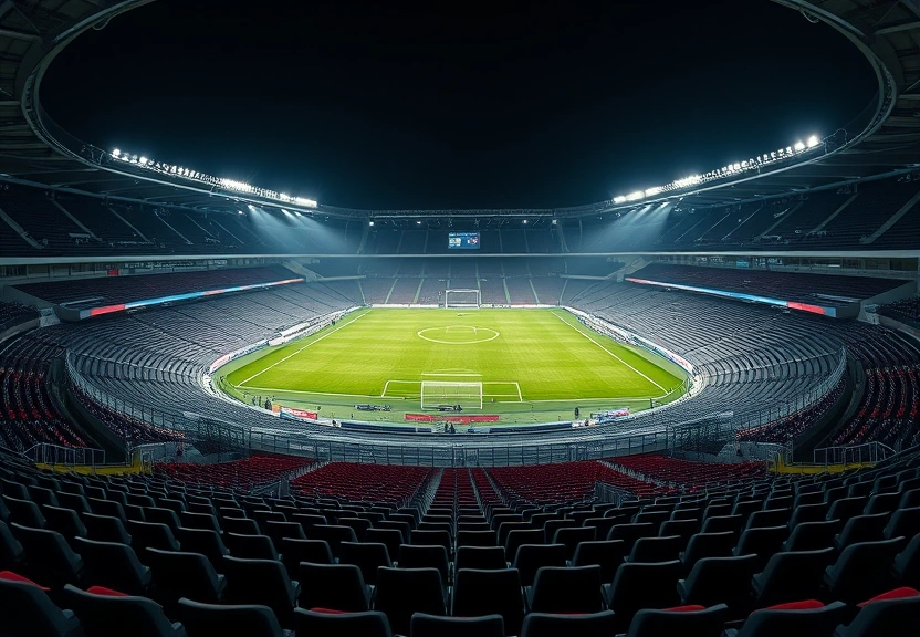Estádio de futebol vazio à noite, com os refletores acesos