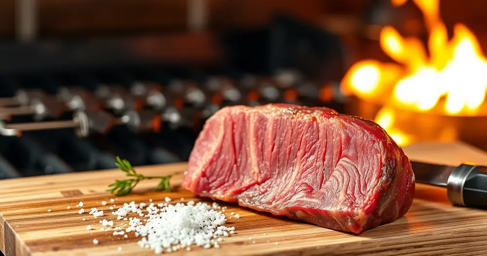 Peça de picanha crua sobre tábua de madeira ao lado de sal grosso e espetos de aço